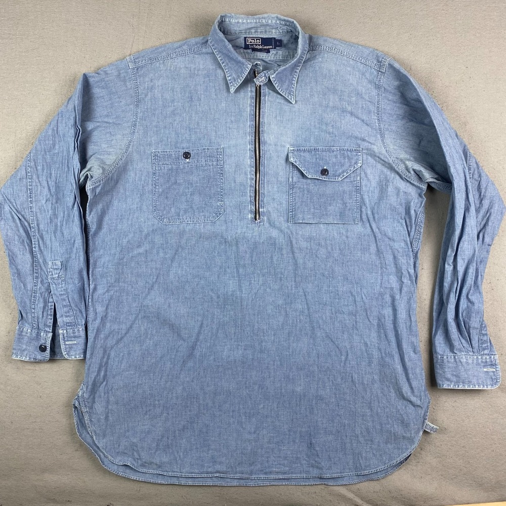 Vintage Ralph Lauren POLO Shirt L Chambray Adult Mens 1/2 Zip Long Sleeve